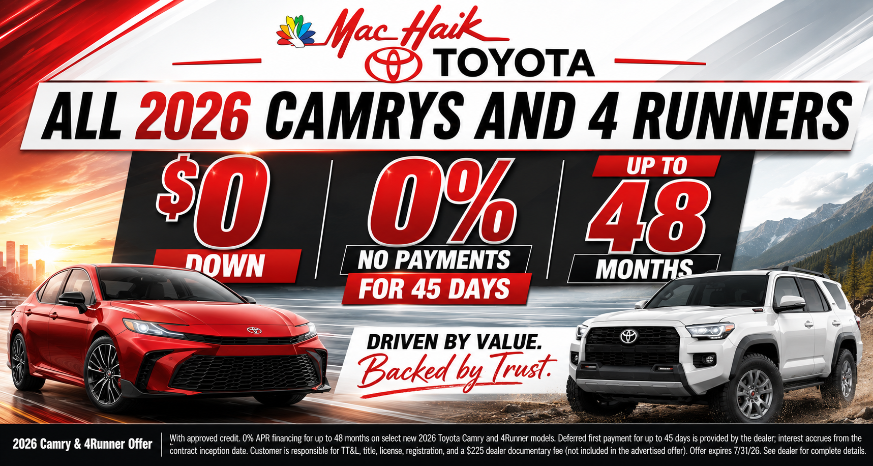 All 2026 Toyota Camrys and 4 Runners 0 Down